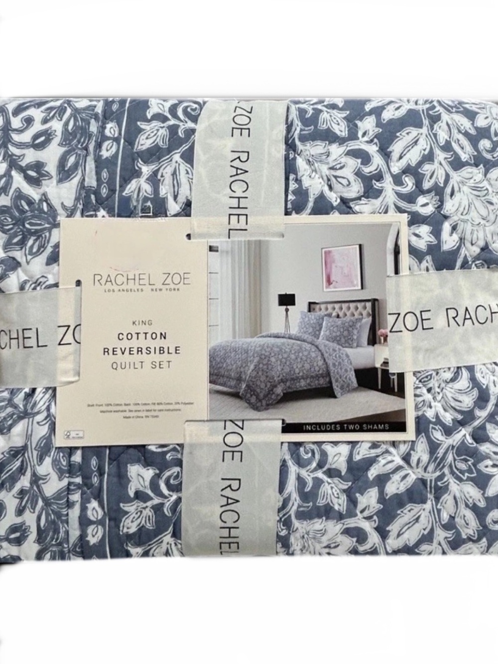 Rachel Zoe Blue and White King Cotton Reversible Quilt Set 106”x92”